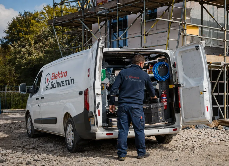 Monteur von Elektro Schwemin am Servicefahrzeug auf einer Baustelle