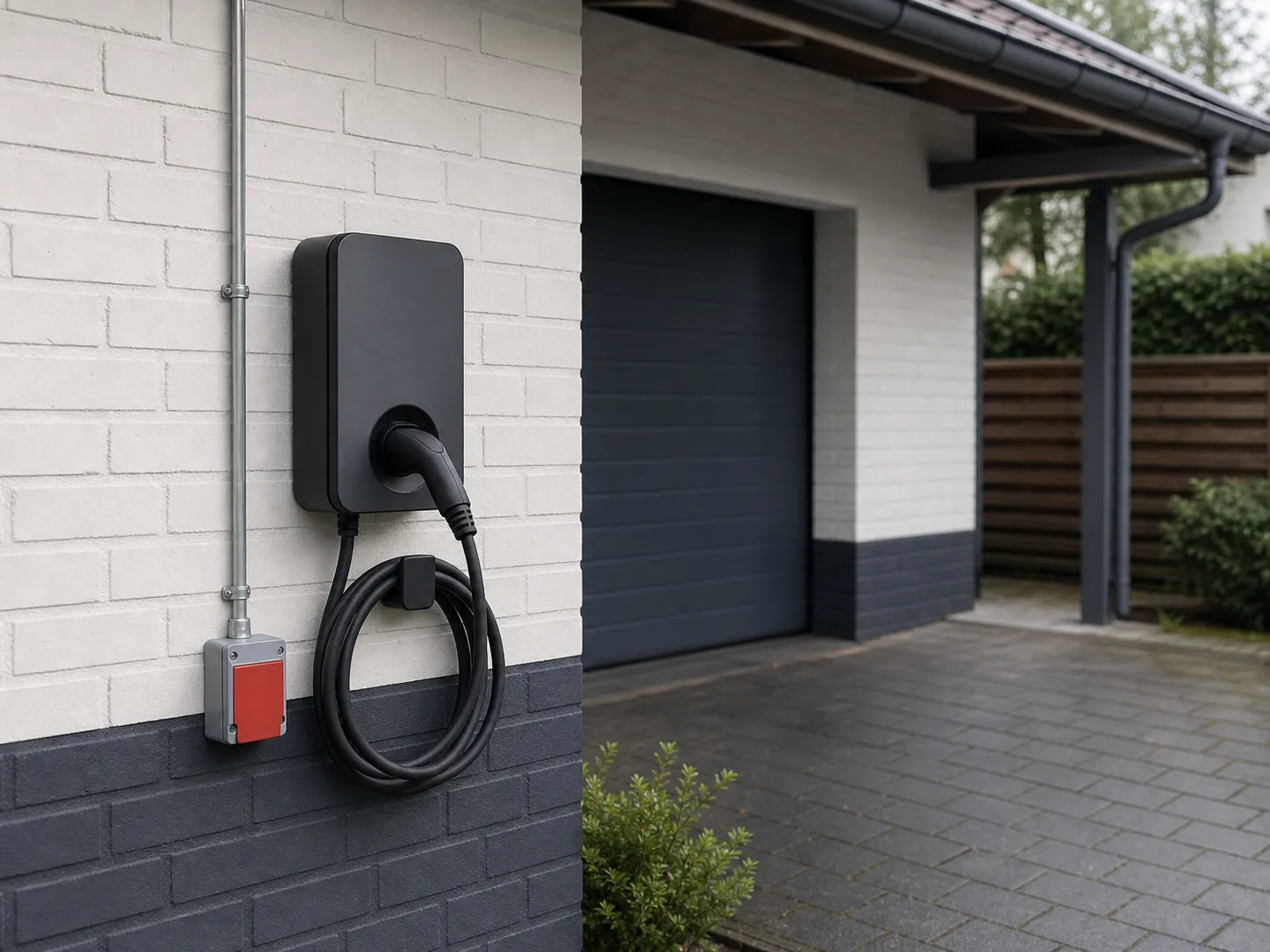 Installierte Wallbox an einer Garagenwand